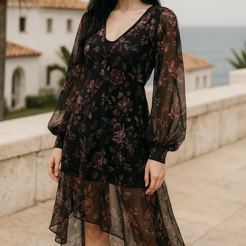 Nordstrom Leith Sheer Dark Floral High-low Long-sleeved Tunic Dress Small